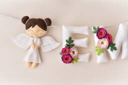 Felt Baby Name Sign, Angel Nursery Decor, Floral Banner - thumbnail 1