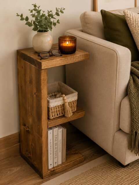 Bespoke Rustic Solid Wood Sofa Side E Shape Table - Narrow End With Storage Shelf Handmade Slim For Small Living Rooms - image 1