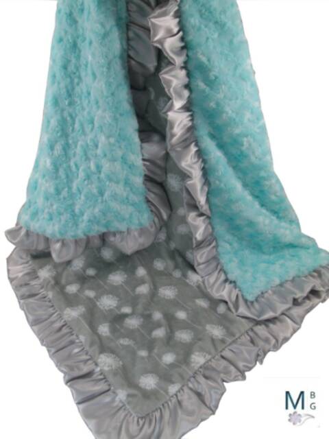 Personalized Robin's Egg Blue With Silver Gray Dandelion Minky Baby Blanket, Saltwater Rose Swirl & Dandelion Print, in Three Sizes - image 1