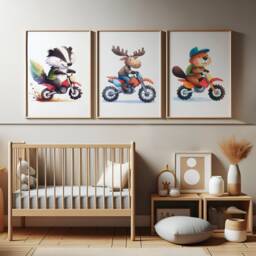 Woodland Animal Nursery Posters - Set Of 3 Kids Prints - Motorbike Wall Art Animals Boys Room Dirt Bike Playroom Decor Baby Boy Gifts - thumbnail 1