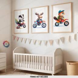 Woodland Animal Nursery Posters - Set Of 3 Kids Prints - Motorbike Wall Art Animals Boys Room Dirt Bike Playroom Decor Baby Boy Gifts - thumbnail 2