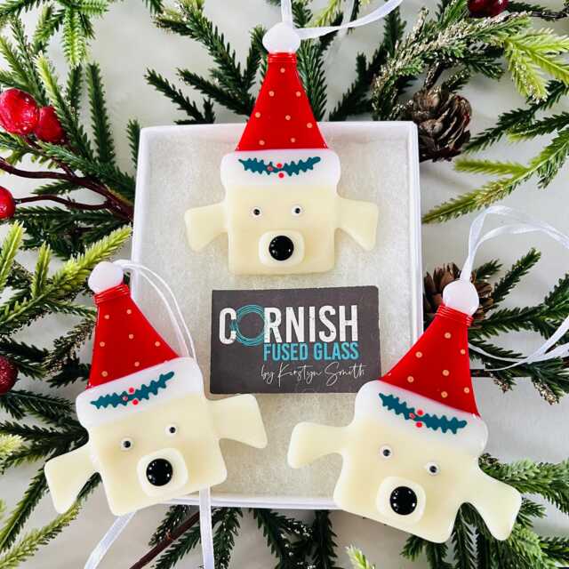 Cute Dog Fused Glass Christmas Decoration - Fused Glass Ornament, Dog Decoration, Santa Hat Cornish - image 1