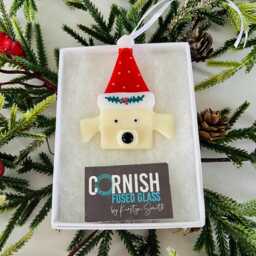 Cute Dog Fused Glass Christmas Decoration - Fused Glass Ornament, Dog Decoration, Santa Hat Cornish - thumbnail 4