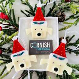 Cute Dog Fused Glass Christmas Decoration - Fused Glass Ornament, Dog Decoration, Santa Hat Cornish