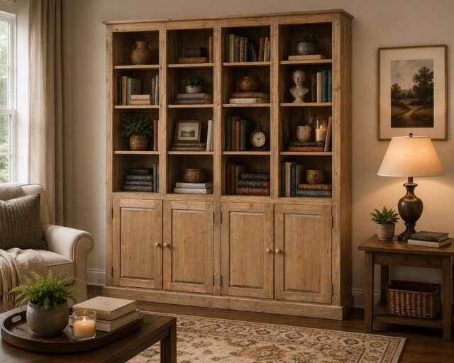 Solid Wood 4 Bay Library Bookcase With Doors, Traditional Bookshelf - image 1