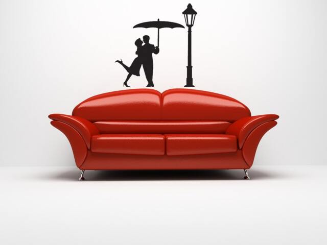 Romantic Couple Wall Decal, Kissing Silhouette, Umbrella Art, Vintage Streetlight Decor, Love Themed Art - image 1