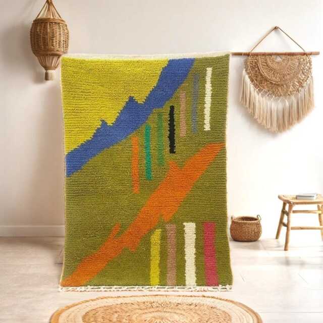 Handmade Moroccan Green Wool Rug Authentic Berber Design - image 1