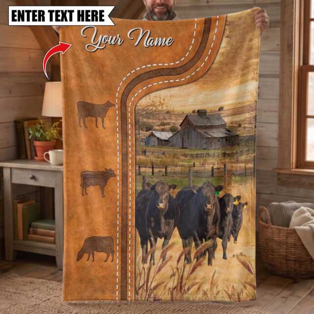 Personalized Name Black Angus Farming Life Pattern Blanket, Custom Farm Bedroom Decor Gift - image 1