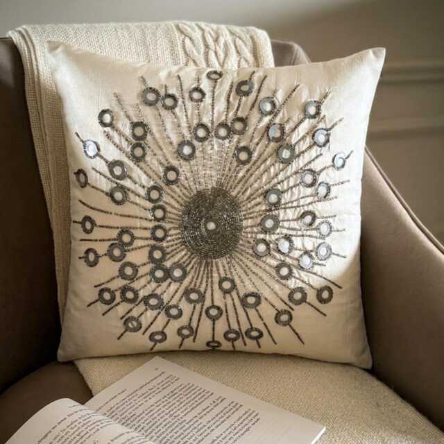 Ivory Art Silk, Sequin & Bead Embroidered Abstract Pattern, Modern Throw Pillow Cover/Euro Sham - Silver Moons - image 1