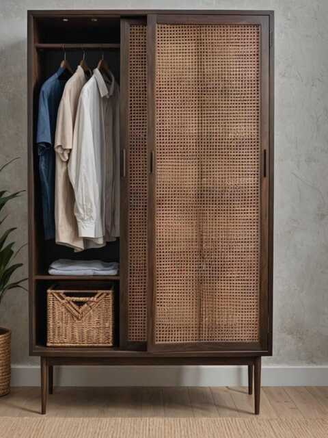 Solid Wood Wardrobe With Rattan, Rattan Walnut Wardrobe, Modern 2-Door Wooden Solid 2 Doors, Nordic Style - image 1