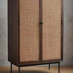Solid Wood Wardrobe With Rattan, Rattan Walnut Wardrobe, Modern 2-Door Wooden Solid 2 Doors, Nordic Style - thumbnail 2