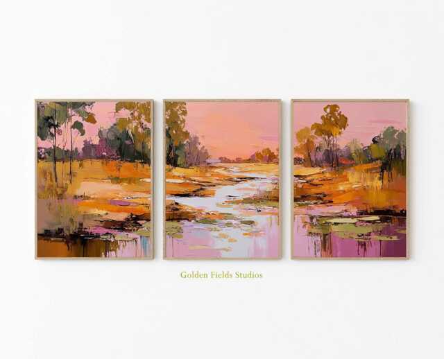 Abstract Sunset Landscape Print Set Modern Pink Orange Wall Art - image 1