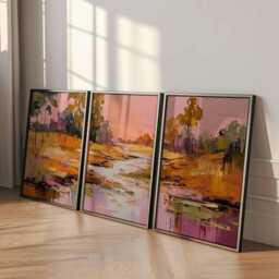 Abstract Sunset Landscape Print Set Modern Pink Orange Wall Art - thumbnail 2