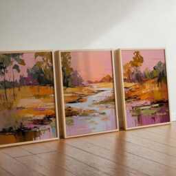 Abstract Sunset Landscape Print Set Modern Pink Orange Wall Art - thumbnail 3