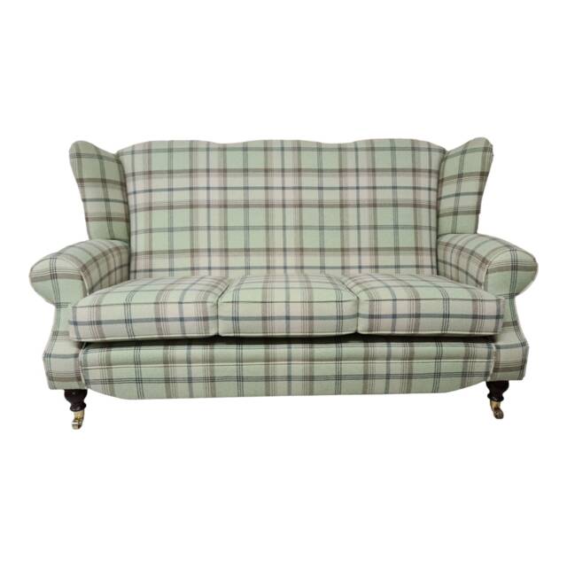 Wing Back Queen Anne Sofa Balmoral Sage Tartan, Solid Wood Legs - image 1
