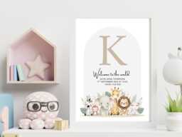 Newborn Baby Animal - Weight Personalised Print Nursery Custom Decor Gift Bespoke A5 A4 A3 Framed - thumbnail 1