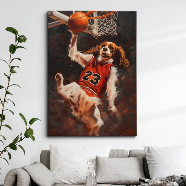 King Charles Spaniel Dunking Basketball Dog Art Painting Framed Poster Print & Canvas Wall Decor Home Bedroom Gift - image 1