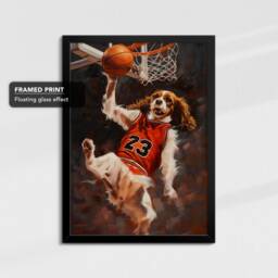 King Charles Spaniel Dunking Basketball Dog Art Painting Framed Poster Print & Canvas Wall Decor Home Bedroom Gift - thumbnail 2