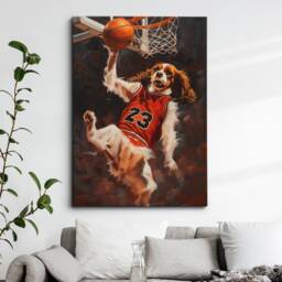 King Charles Spaniel Dunking Basketball Dog Art Painting Framed Poster Print & Canvas Wall Decor Home Bedroom Gift