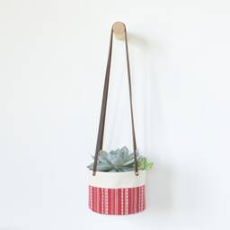 Medium Natural Canvas Hanging Planter - Red + White