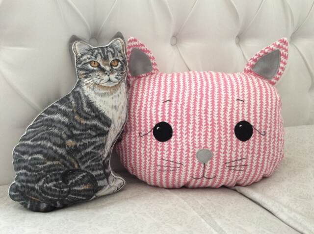 Pink Cat Pillow Embroidered Cotton Plush Cushion, Nursery Decor - image 1
