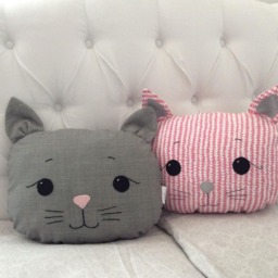 Pink Cat Pillow Embroidered Cotton Plush Cushion, Nursery Decor - thumbnail 3