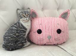 Pink Cat Pillow Embroidered Cotton Plush Cushion, Nursery Decor - thumbnail 1