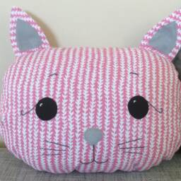 Pink Cat Pillow Embroidered Cotton Plush Cushion, Nursery Decor - thumbnail 2