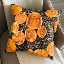 Brown Art Silk Sequins & Ribbon Embroidered Rose Decorative Throw Pillow Cover, 16x16 Modern Cushion Cover, Floral Pillow-Chocolate Marigolds - thumbnail 3
