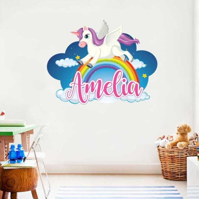 Personalised Rainbow Unicorn Wall Sticker Name Vinyl Decal Girls Kids Nursery Bedroom - image 1