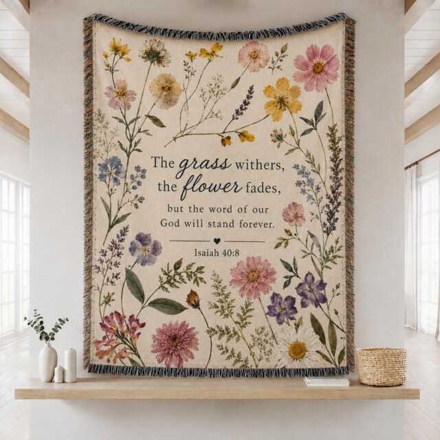 Pressed Flower Woven Blanket, Christian Floral Throw Boho Flowers Bible Verse Aesthetic Botanical Scripture Blanket - image 1