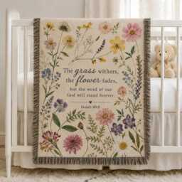 Pressed Flower Woven Blanket, Christian Floral Throw Boho Flowers Bible Verse Aesthetic Botanical Scripture Blanket - thumbnail 3