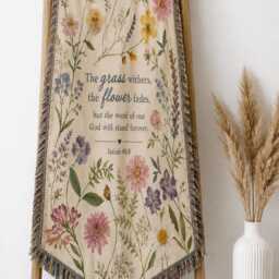 Pressed Flower Woven Blanket, Christian Floral Throw Boho Flowers Bible Verse Aesthetic Botanical Scripture Blanket - thumbnail 4
