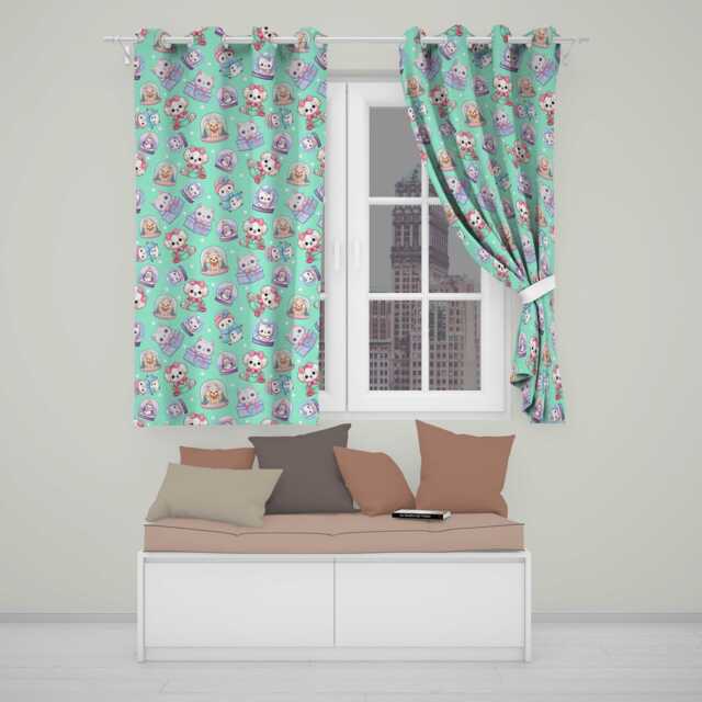 Cute Kawaii Christmas Pets Snow Globe Gifts Mint Background Seamless Pattern Readymade Eyelet Ring Top Thermal 100% Blackout Curtains - image 1