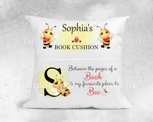 Personalised Book Cushion - Bee Reading Children's Pillow Pocket Lover Gift - image 1