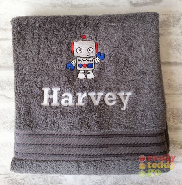 Personalised Swimming/Bath Towel Sheet Robot Embroidered Unisex Boys Girls Children's Kids With Any Name 500Gsm - image 1