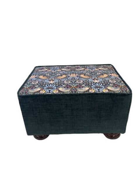 William Morris Fabric Footstool Blue & Green Birds Design, Mahogany Feet - image 1