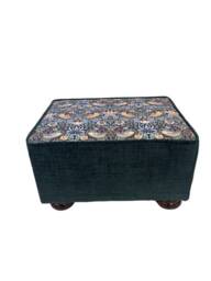 William Morris Fabric Footstool Blue & Green Birds Design, Mahogany Feet