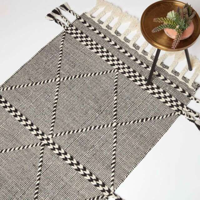 Handwoven Black Kilim Rug Wool & Cotton Geometric Area Rug With Tassels - image 1