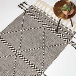 Handwoven Black Kilim Rug Wool & Cotton Geometric Area Rug With Tassels - thumbnail 1
