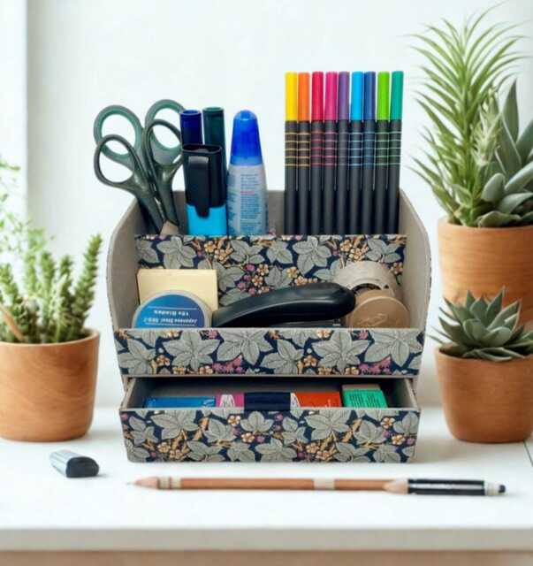 Handmade Bramble Desk Tidy William Morris Fabric Stationery Organiser With Drawer - image 1