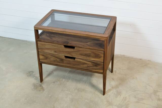 Solid Walnut Nightstand Mid-Century Modern Bedside Table With Smoked Glass - image 1
