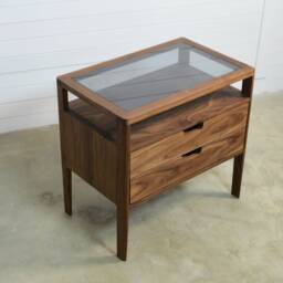 Solid Walnut Nightstand Mid-Century Modern Bedside Table With Smoked Glass - thumbnail 2