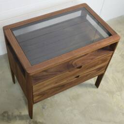 Solid Walnut Nightstand Mid-Century Modern Bedside Table With Smoked Glass - thumbnail 3