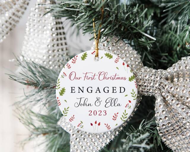 First Christmas Engaged Tree Decoration - Personalised Ornament Ceramic Bauble Keepsake Gift Mr & Mrs To Be Couple - image 1