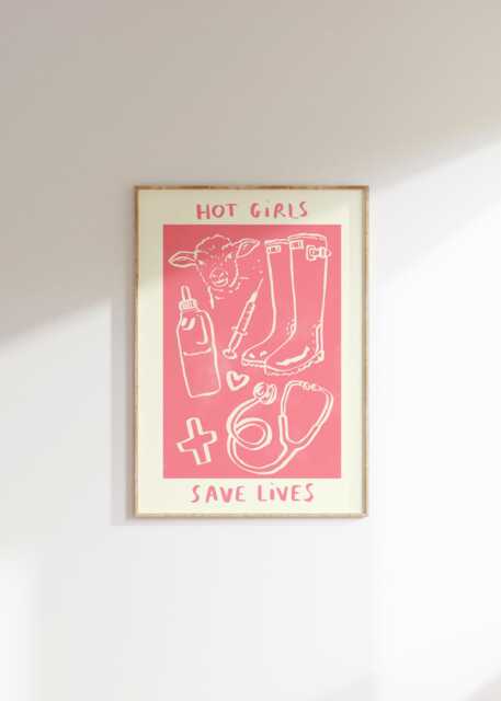 Hot Girls Save Lives Wall Print - Farm Vets - Healthcare Illustration Veterinary Poster Nurse Art Doctor Gift Idea Cow - image 1