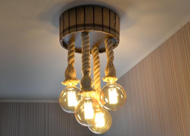 Wooden Chandelier in The Form Of Barrel, Jute Ropes & Edison Bulbs, Original Handmade Ceiling Light, Rustic Wooden Lighting Fixture - image 1