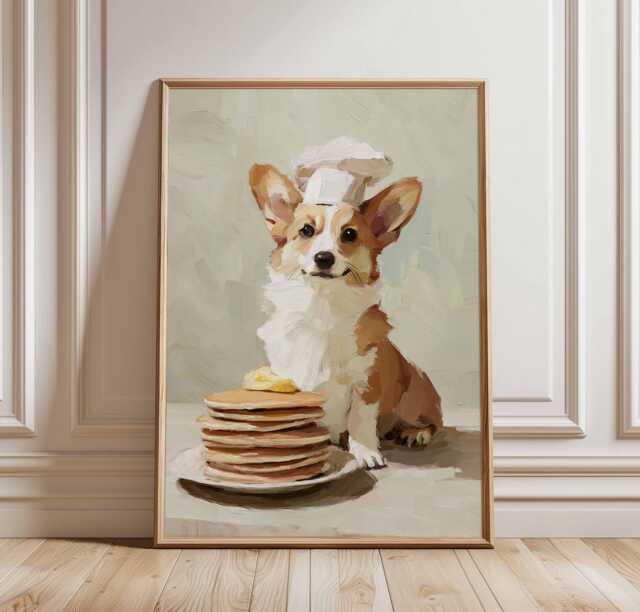 Corgi Chef Pancake Poster - Cute Dog Kitchen Wall Art Print, Funny Breakfast Animal Decor, Whimsical Food Illustration For Home - image 1