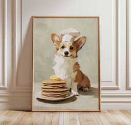Corgi Chef Pancake Poster - Cute Dog Kitchen Wall Art Print, Funny Breakfast Animal Decor, Whimsical Food Illustration For Home - thumbnail 1