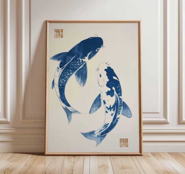 Koi Fish Poster - Japanese Wall Art Print, Blue Ink Brush Painting, Zen Minimalist Decor, Traditional Asian Artwork, Feng Shui Home Design - image 1